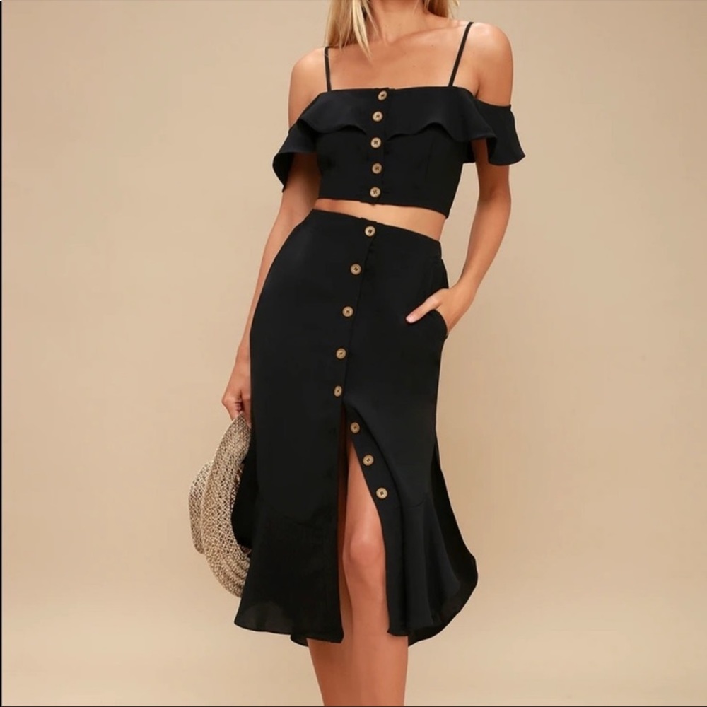 Lulus Malta Black Off The Shoulder Button-Up Set